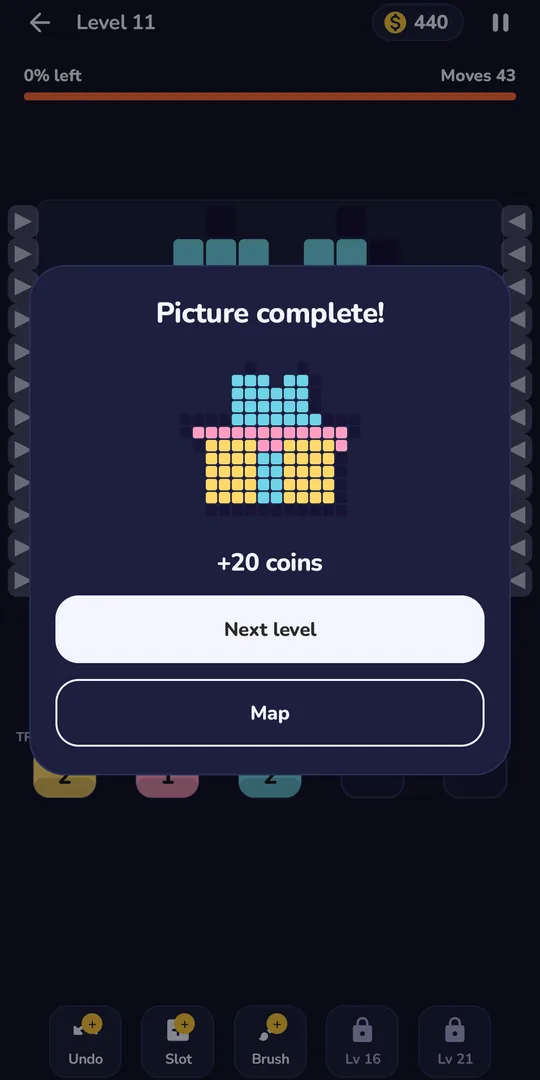 Paint Lanes picture complete screen with the finished pixel house and 20 coins earned